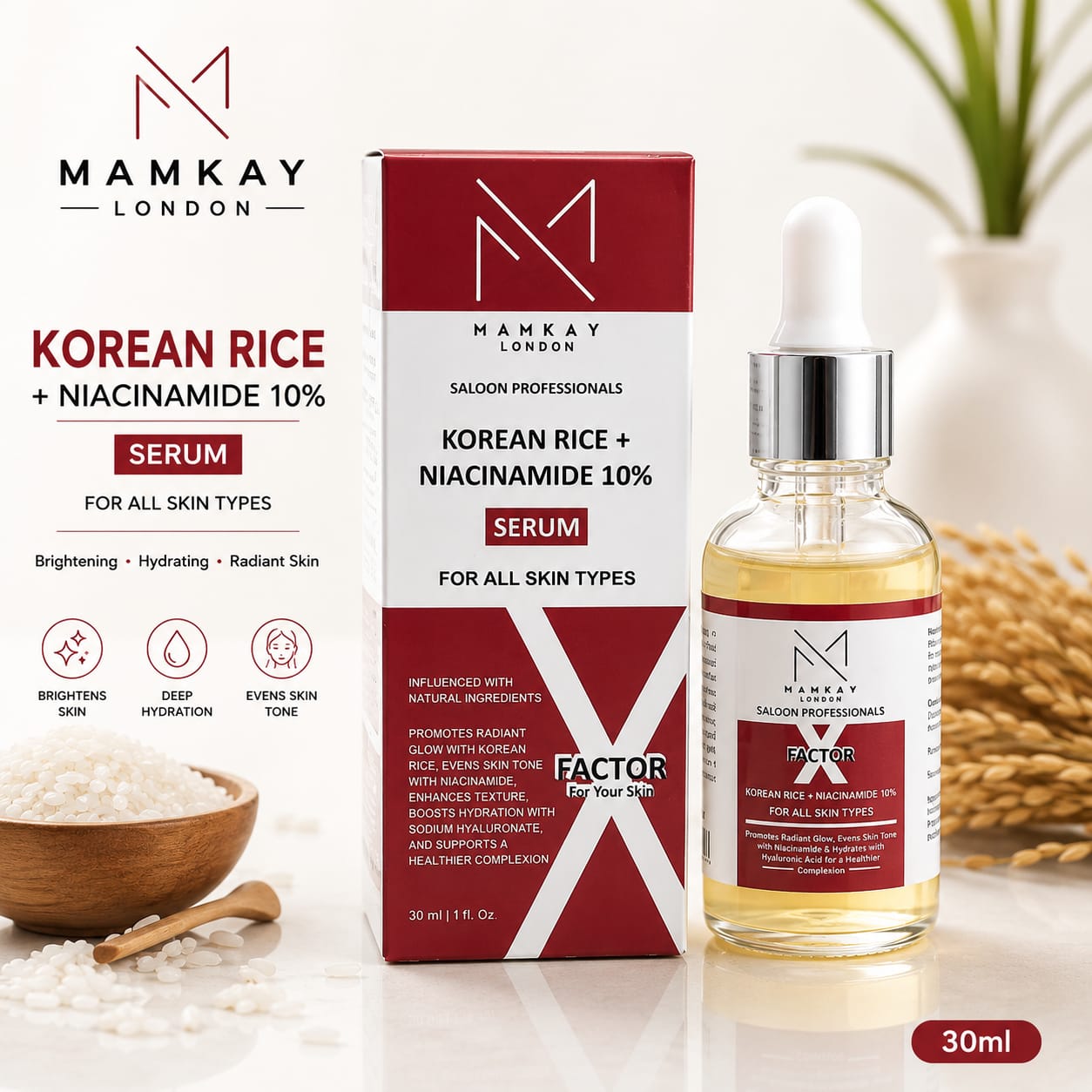 Mamkay London Korean Rice & 10% Niacinamide Brightening Serum – Deep Hydration & Even Skin Tone (30ml)