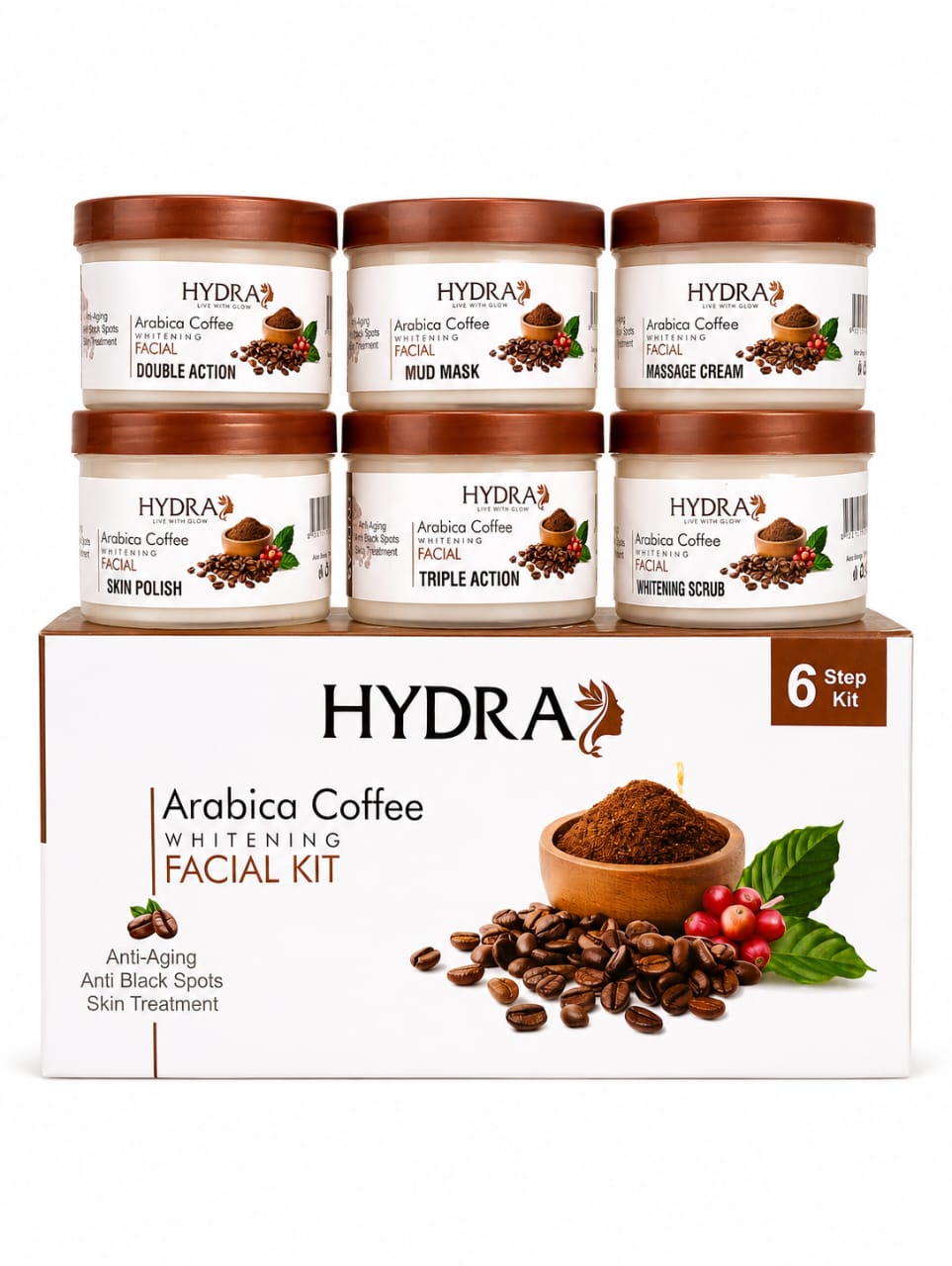 Hydra Arabica Coffee Whitening Facial Kit – 6 Step Brightening & Anti-Aging Skincare Set