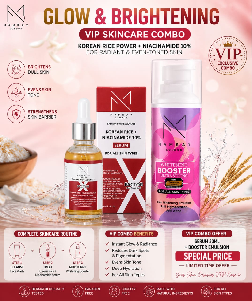 Glow &amp; Brightening VIP Skincare Combo – Korean Rice &amp; 10% Niacinamide Serum with Whitening Booster for Radiant Skin