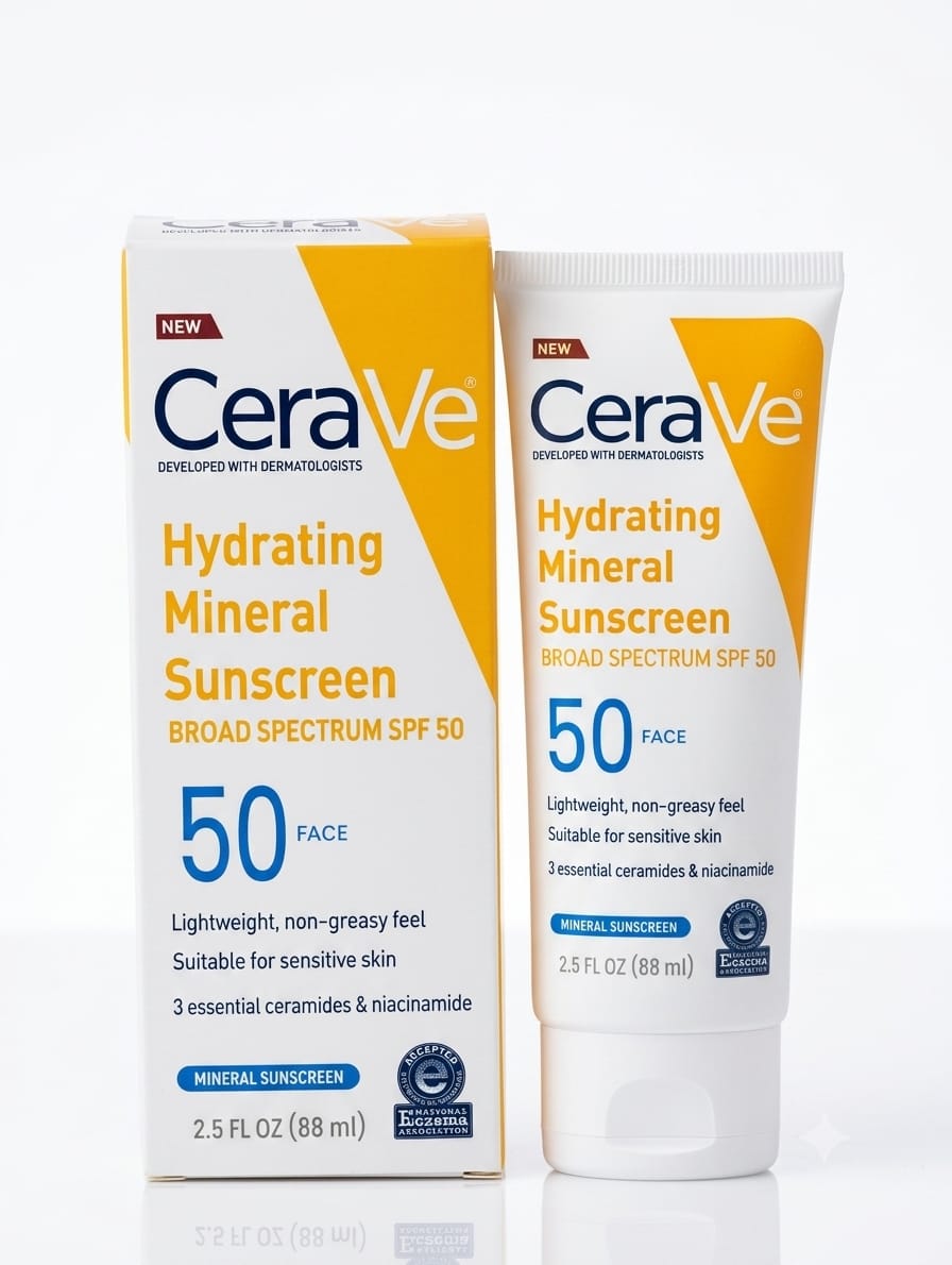 CeraVe Hydrating Mineral Sunscreen SPF 50 for Face – Lightweight Broad Spectrum Protection with Ceramides &amp; Niacinamide (88ml)